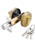 Kickproof Heavy Duty Deadbolt Door Lock With Smooth Brass Cylinder And Salt Spray Tested Zinc Alloy Body Built Like A Tank For Ultimate Front Door Security Upgrade, showing cutaway view and keys.