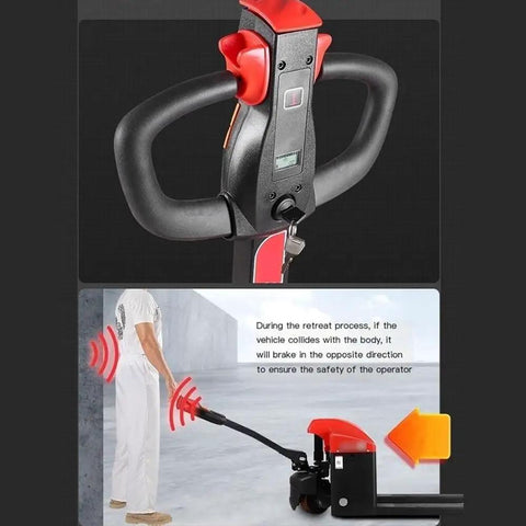Electric Pallet Jack For Warehouse Use With Hydraulic Lift And Long Reach Forks Smooth Loading And Unloading Of Heavy Pallets Mobile Forklift Style Pallet Truck For Easy Transport, black handle