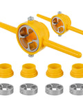 PVC Pipe Thread Maker Tool Kit With 12 Pcs Dies, DIY Ready Manual Pipe Threader Set visible with yellow handles and circular dies.