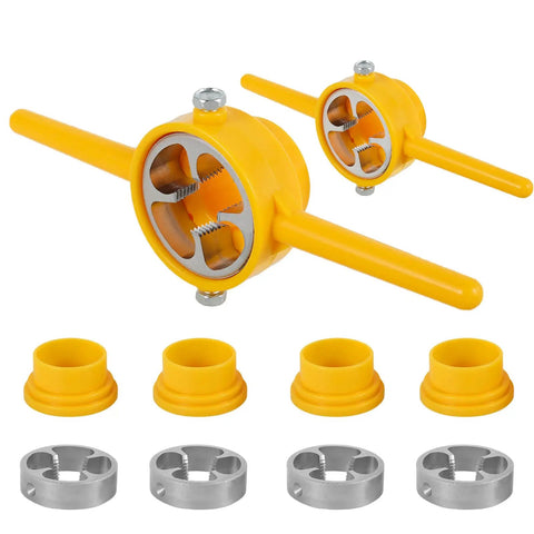 PVC Pipe Thread Maker Tool Kit With 12 Pcs Dies, DIY Ready Manual Pipe Threader Set visible with yellow handles and circular dies.