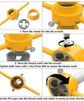 PVC Pipe Die Set Six Piece Round Die Kit For PVC Threading With Three NPT Dies One Half Inch Three Quarter Inch And One Inch Manual Pipe Threader Tool For Plumbing in yellow being used to thread a pipe.