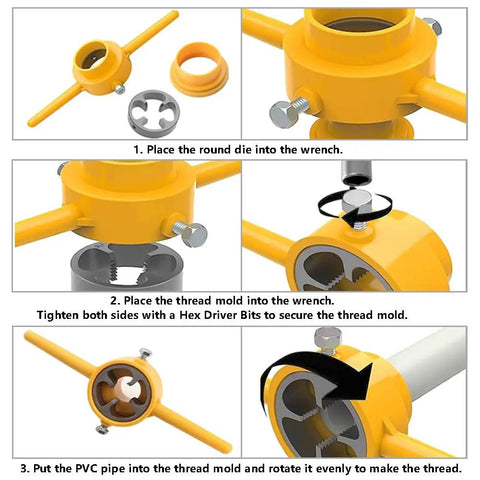 PVC Pipe Die Set Six Piece Round Die Kit For PVC Threading With Three NPT Dies One Half Inch Three Quarter Inch And One Inch Manual Pipe Threader Tool For Plumbing in yellow being used to thread a pipe.