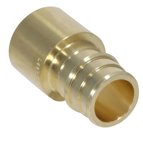 Close-up of brass PEX A to 3/4 inch female sweat adapter for potable water and hydronic heating F1960 expansion fitting.