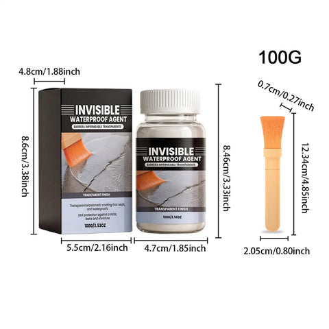 Clear Liquid Waterproof Sealant Brush Application Tackles Cracks Nips Water Damage In The Bud Locks Out Dampness Safely Shields Baseboards And Tile Without Marking Up Surfaces, 100g bottle with brush, dimensions included.