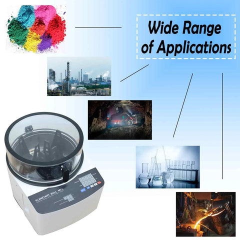 Beefy Four Jar Desktop Ball Mill Grinder for Lab Use 110V 150W with images of diverse applications and colored powder.