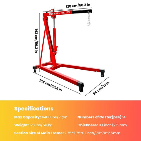 4400 Lb Heavy Duty Engine Crane And Hoist Cherry Picker With 24 Inch Adjustable Telescopic Boom shown with specifications and dimensions.