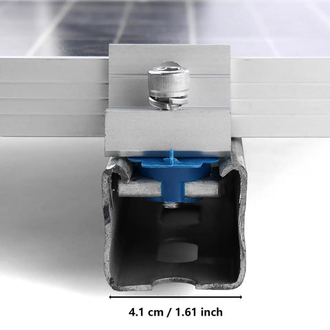 Heavy Duty Two Hole End Clamps For Solar Panel Mounting Fits 30 And 35Mm Pv Modules Includes Groove Nuts and Bolts For A Hassle Free Strut Channel Setup Pack Of Ten, close-up on aluminum bracket.