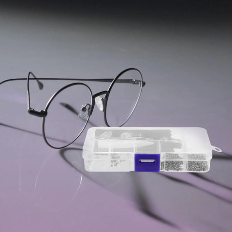 Ultimate Eyeglass Repair Kit Featuring Replaceable Nose Pads And Micro Screwdriver With Assorted Glasses Screws Compact Tool beside glasses.