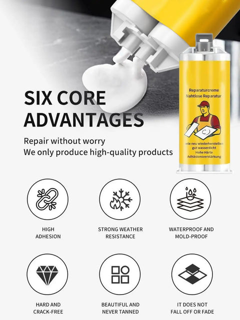 Color Match Porcelain Tile And Stone Crack Repair Kit For Ceramic Marble Granite And More Surfaces Fix Cracks Fast Like New With A Pro Grade All In One Kit For Kitchen Bathroom Balcony And More advantages diagram with high adhesion, weather resistance, waterproof features.