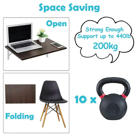 Beefy Heavy Duty Folding Shelf Brackets 440 Lb Max Load shown with laptop and weight, demonstrating open and fold functions.