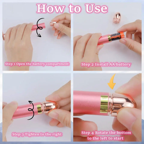 24K Gold Pulse Facial Massager With Micro Vibration For Sensitive Skin, T Shape Electric Face Tool That Tightens Lifts Firms And Rejuvenates Neck Eyes And Forehead For A Youthful Radiant Glow. How-to use image showing AA battery installation and switch steps.
