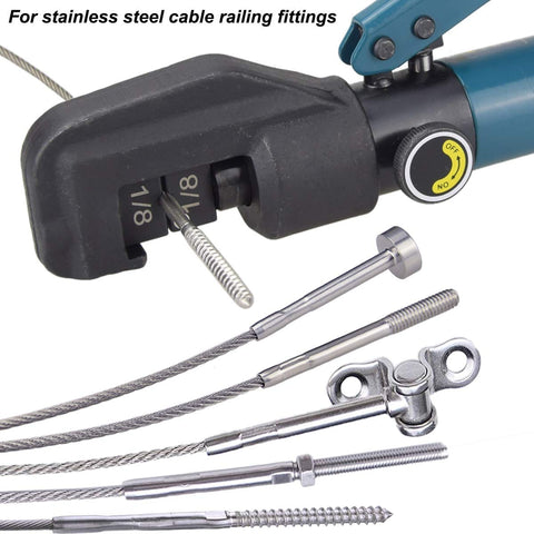 Pro Grade Hydraulic Crimper Tool For 1/8 Inch Stainless Steel Cable Railing Fittings With Custom Dies, Cable Cutter