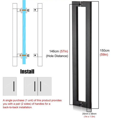 Push Pull Barn Door Handle Set Black Finish Heavy Duty Sliding Door Hardware With Full Install Tools Built To Last Easy Two Hole Mount Durable Aluminum Construction Ideal For Kitchen Shower Living Room, showing dimensions and back-to-back installation details.