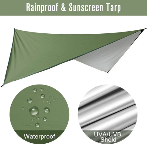 Durable Outdoor Camping Hammock With Mosquito Net And Rain Fly tarp showing rainproof and sunscreen features