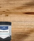 Top Shelf Golden Oak Reactive Wood Stain in a quart can displayed against warm wood background, emphasizing heritage finish.