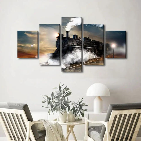 Old School Train Wall Art Set With Nighttime Steam Locomotive Canvas And Wooden Frame Retro Home Decor For Living Room And Office Ready To Hang Five Panel 60x32 Inches