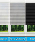 Comparison of light filtering, room darkening, and blackout shades. Cordless Room Darkening Pleated Paper Shade Gray 36x72 Inches Pack Of 6 No Tools Needed