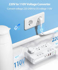 2000W Travel Voltage Converter 110V To 220V With 3 AC Sockets And 2 USB C And 2 USB A Plugs Universal European Travel Adapter shown plugged in.