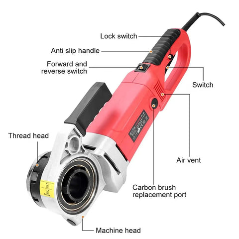 Heavy Duty 2300W Electric Pipe Threader Kit With Six Premium Dies For Galvanized And Iron Pipes 1/2 In To 2 In Range, close-up of controls and features.