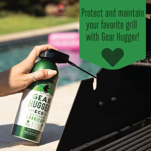 Person using Gear Hugger Multipurpose Plant Based Lubricant Spray on grill, 11 oz eco-friendly can for rust removal and lubrication