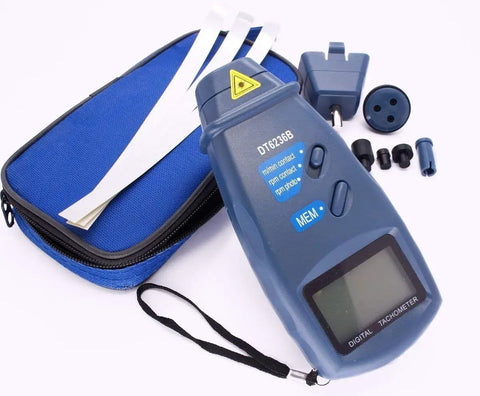 3-In-1 Tri-Mode RPM Tachometer With Laser Non Contact And Photo Tachometer, Digital Tach Meter, Surface Speed And Distance Gauge For Four Wheels, High Precision RPM Readout, Go-To Tool For Quick Readouts with blue case and adapters