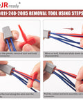 Using Deutsch Pin Removal Tool Kit For 4 8 12 16 20 Solid And Stamped Contacts 6 22 AWG on blue wires