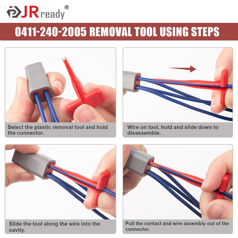 Using Deutsch Pin Removal Tool Kit For 4 8 12 16 20 Solid And Stamped Contacts 6 22 AWG on blue wires