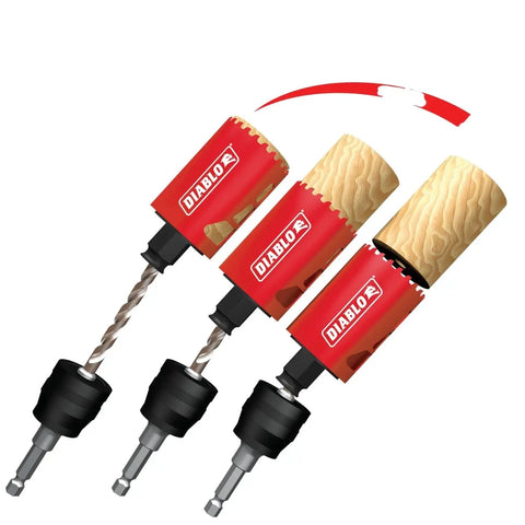 Pro Grade Carbide Teeth Hole Saw Set for Plumbers with SnapLock Mandrel System showing three hole saws in different stages of assembly.