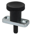 Heavy Duty Zinc Alloy Plate Mount Indexing Plunger with Eight Millimeter Pin Diameter and Eighteen Millimeter Stroke side view on metal base.