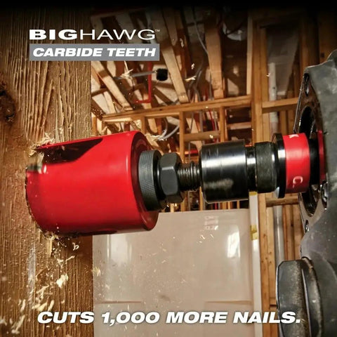 9 Piece Hole Saw Kit With Carbide Teeth Compatible With Milwaukee 49569295 For Cutting Wood Nails Shingles Concrete Includes Arbor And Pilot Bits Inside Compact Organizer Case in use cutting wood with carbide teeth