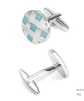 Classy Blue Silver Plated Cufflinks And Tie Clips For Men Clean Cut Formal Business Threads Hypoallergenic Round Grid Style displayed from above with blue grille.