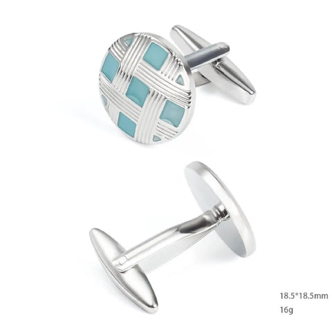 Classy Blue Silver Plated Cufflinks And Tie Clips For Men Clean Cut Formal Business Threads Hypoallergenic Round Grid Style displayed from above with blue grille.