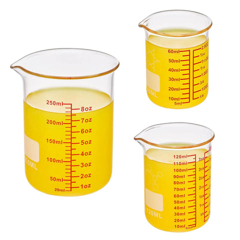Mini Glass Measuring Beaker Set In Borosilicate 2oz 4oz 8oz Cups For Kitchen And Bar Pro Grade Clear Markings Durable Small Glass Measuring Cups For Cocktails Baking Cooking And Lab Style Precise Measuring, 3-piece set