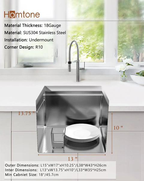 Compact Stainless Steel Undermount Kitchen Sink 15 By 17 Inches, 10 Inch Deep Single Bowl, Workstation Style Sink Combo in kitchen setting