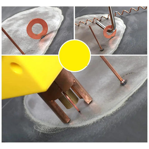 Body Repair Spot Weld Kit With Dent Puller, 800VA Spot Welder, Stud Gun Set, Dents Remover Pro Grade tool in use on metal panel