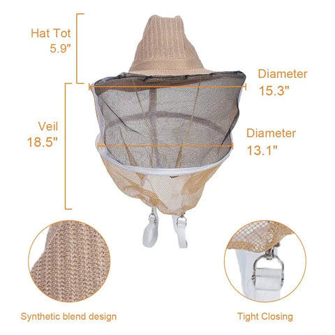 Beekeeping Starter Kit For Beginners 24 Piece Tool Set with veil showing dimensions and synthetic blend design detail