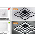 Dope Modern 4 Panel Aluminum Frame LED Ceiling Light Fixtures 52W Flush Mount For Living Room Bedroom Kitchen Cool White 6000K Matte Black Finish lit and unlit view with switch compatibility instructions.