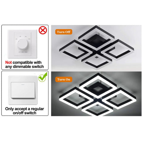 Dope Modern 4 Panel Aluminum Frame LED Ceiling Light Fixtures 52W Flush Mount For Living Room Bedroom Kitchen Cool White 6000K Matte Black Finish lit and unlit view with switch compatibility instructions.