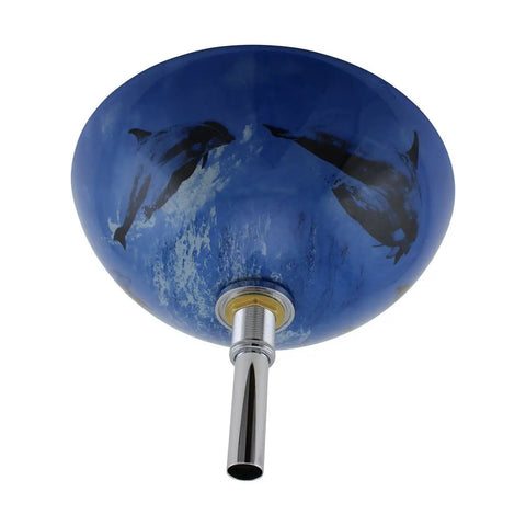 Bottom view of Sick Dope Blue Dolphin Tempered Glass Round Vessel Sink For Countertop Bathroom 16.5 Inch Blue Glass Bowl With Chrome Drain