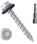 Heavy Duty Metal Roofing Screws Size 10 X 1-1/2 Inches With Sealed Rubber Washers 300 Count close-up of screw with washer and bit.