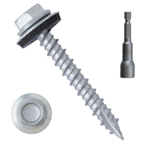 Heavy Duty Metal Roofing Screws Size 10 X 1-1/2 Inches With Sealed Rubber Washers 300 Count close-up of screw with washer and bit.