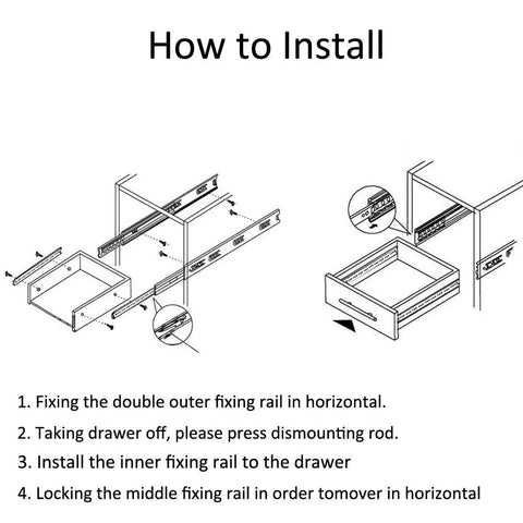 How to Install diagram for Five Pairs Of 10 Inch Drawer Slides, 17mm Wide Heavy Duty Ball Bearing Glide Runners, Grooved Steel Extension, Side Mount Cabinet And Desk Slides, Smooth Quiet Operation With 100 Lb Capacity