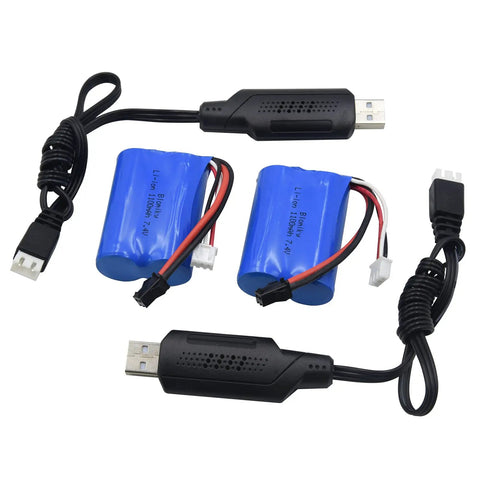 Two Pack 7.4V 1100mAh Li Ion Rechargeable Batteries With SM2P Plug And USB Charger Cables For H101 H103 RC Boats And Cars