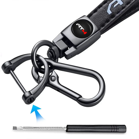 Clean Genuine Leather Car Key Ring For GMC AT4 Ride Durable Zinc Alloy Black Metal Fob Holder with clip detail.