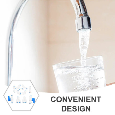 Super Easy Push To Connect White Pom Water Purifier Fittings Kit With 10 Pieces Smooth Hose Connectors No Burrs For Home Filters And Professional Use Super Durable And Quick Install white hose fitting kit shown with water flowing into a glass