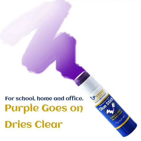 Purple Glue Sticks 6g Each Two Pack For School Office Home Craft Projects purple adhesive shown drying clear