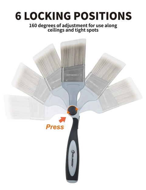 Angled brush with 6 locking positions from the 10 Piece Paint Roller Kit With 9 Inch Rollers Tray Extendable Poles Angled Brush Extra Roller Covers Can Opener Stir Bar For Weekend Warriors Tackling Easy Walls And Ceilings Painting.