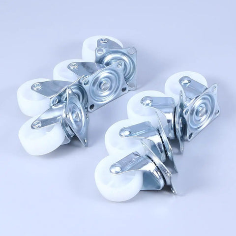 8 Pcs Inch Swivel PP Caster for Furniture, Silver Universal Wheel set displayed with shiny metal and white wheels.