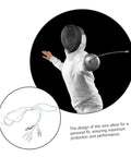 Fencer wearing Pro Grade Foil Fencing Mask with Durable Wire Cord and guard cord in action, close-up view.