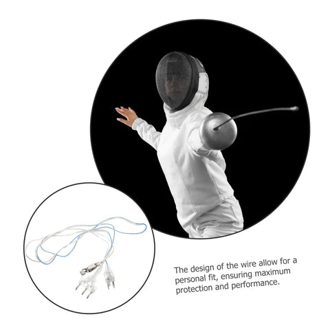 Fencer wearing Pro Grade Foil Fencing Mask with Durable Wire Cord and guard cord in action, close-up view.
